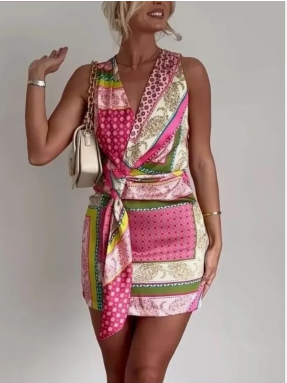 ZARA Printed Patchwork Tie Satin Mini Dress Size Large